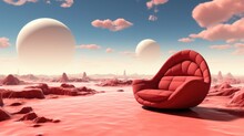 A Red Chair Sitting On Top Of A Sandy Beach. Generative AI Image.