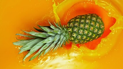 Poster - Pineapple splashing into juice, macro shot. Macro background. Filmed on a high-speed cinema camera at 1000 fps.