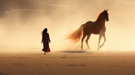 Canvas Print - A woman is walking with a horse on the beach. Generative AI image.