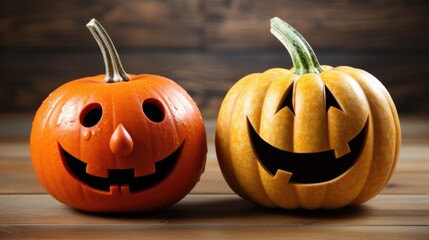 Canvas Print - A couple of pumpkins sitting on top of a wooden table. Generative AI image.