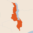 Map of the country of Malawi highlighted in orange isolated on a beige blue background
