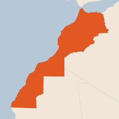 Map of the country of Morocco highlighted in orange isolated on a beige blue background