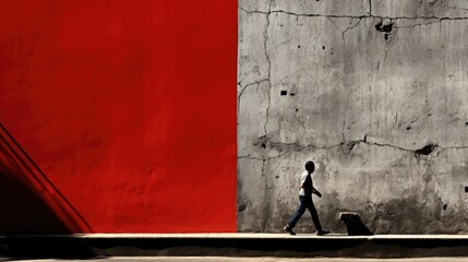 Canvas Print - A man walking down a sidewalk past a red wall. Generative AI image.