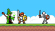 Pixel game interface. 80s graphic. Pixalated wizard and knight fighting, attack skeleton monster with sword. Nature background. Pixel elements, heroes, 8bit objects. Videogame of 80s isolated at white