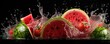 © annamaria - Easy slide fresh of watermelon on dark background with water drops, summer panorama. Generative Ai.