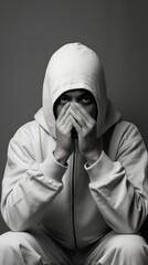 Poster - A man in a hoodie covers his face with his hands. Generative AI image.