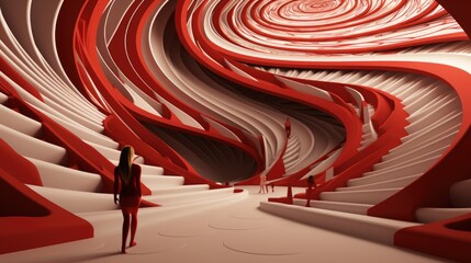 A woman standing in a red and white room. Generative AI image.