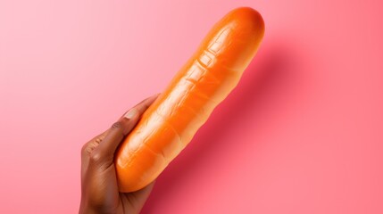 Wall Mural - A person holding a carrot on a pink background. Generative AI image.