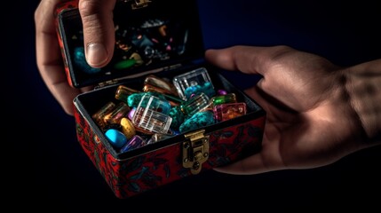 Box with drugs on future in hands. Generative AI