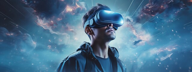 Virtual reality 3d augmented experience exited digital generate person wear vr glasses goggle headset hand gesture touch 3d object in virtual world fun cheerful and remarkable,generative ai