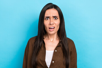 Sticker - Photo of shocked impressed girl dressed brown shirt listened bad news open mouth isolated blue color background