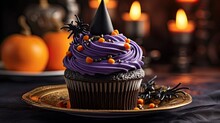 Festive Halloween Cupcake With A Witch Hat And Spider. Yummy And Creepy Treat For A Fun And Delicious Holiday Party. Concept: Halloween Sweet Food And Fun Celebration.