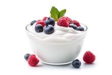 yogurt with berries on white background