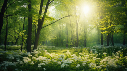 in the forest, under the shade of majestic trees, wild flowers embrace the sun's rays, accompanied b