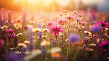 Garden Wildflowers Bloom At Sunset, Bewitching With A Captivating Lens Flare, Adding Enchantment To Nature's Radiant Display