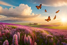 Beautiful Lavender Field With Butterflies At Sunset With Mountains In The Back , Beautiful Wallpapers, Textures And Backgrounds - Generative AI