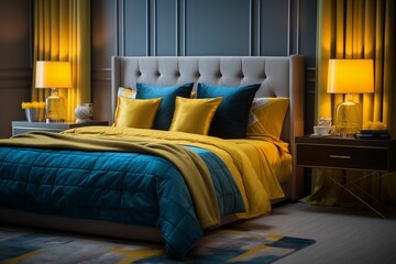 Wall Mural - modern bedroom, elegant bedding and furnishings, yellow and sea blues