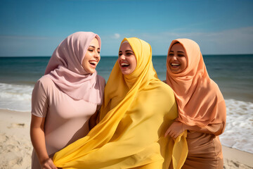 A group of young muslim women wearing headscarves having fun together at the beach