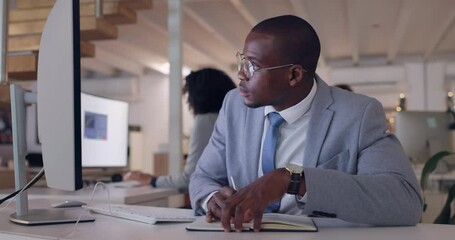 Aufkleber - Computer, writing and business with black man in office for research, solution or problem solving. Tech, notebook and planning of african male employee reading information online for data analytics