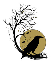 Rabe Kr√§he Mond Und Baum Silhouette F√ºr Herbst Vektor.
