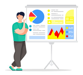 Poster - Office worker show presentation at digital board, gesture hand. Businessman isolated at white background. Data, chart, graphics, infographics at board. Worker, coacher, trainer at business training