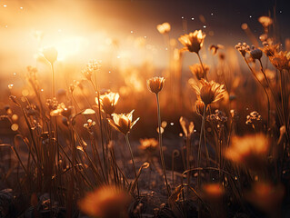 Amidst a tranquil and introspective ambiance, a blossoming field radiates under the soothing sun, bathed in the warm tones of dark orange and light beige, with a touch of lens flare