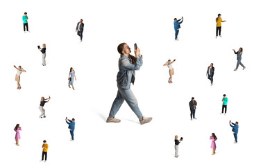Different people, men and women using gadgets, taking selfie with phone,. Social media. Influencers. Conceptual collage. Isometric view.