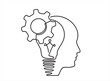 Continuous one line drawing of man  head  with lightbulb with gears as line drawing on white background. Vector
