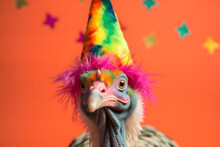 Funny And Friendly Cute Turkey Wearing A Brithday Party Hat In Studio, On A Vibrant, Colorful Background. Generative AI