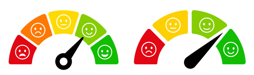 Customer feedback giving rating. Emotions on the satisfaction meter -happy, smile, neutral, sad and angry emoji. Emoticon, emotions scale, smile and emoji - stock vector.