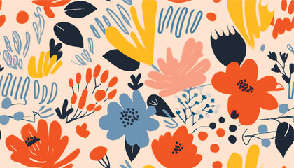 Hand drawn simple abstract trendy flowers pattern. Collage contemporary print. Fashionable template for design