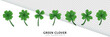 Set of realistic vector green clovers various shape isolated on transparent background. Different cartoon trefoil as an Irish symbol, sign of luck. Plant with leaves, shamrock for Saint Patrick Day
