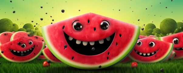 Smilling red fresh watermelon with black seeds in,  summer healthy food panorama. Generative Ai.