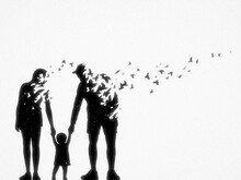 Family Silhouette. Child And Dying Parent Outline. Death And Afterlife