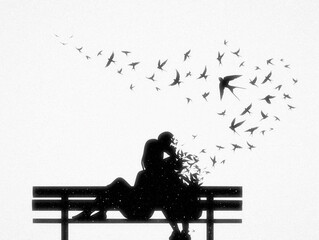 Loving couple on bench. Death and afterlife. Flying birds silhouette