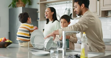 Sticker - Teamwork, kids learning or parents washing dishes with support for housekeeping in kitchen in family home. Siblings, or father teaching, cleaning or helping children for healthy hygiene together