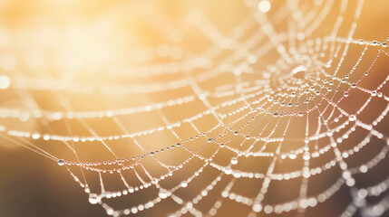 Highly detailed macro shot of dew - kissed spider web, natural bokeh background with soft morning light