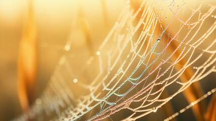 Highly detailed macro shot of dew - kissed spider web, natural bokeh background with soft morning light