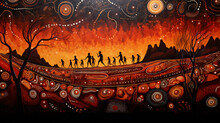 A Detailed Representation Of The Sacred Dreamtime Paintings Of The Indigenous Australians, Depicting A Spiritual Tale In Vibrant Earthy Tones