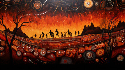 A detailed representation of the sacred Dreamtime paintings of the indigenous Australians, depicting a spiritual tale in vibrant earthy tones