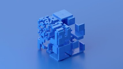 Poster - Abstract 3d animation, rotating blue cubic structure, 4k seamless looped video