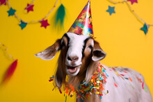Funny And Friendly Cute Goat Wearing A Brithday Party Hat In Studio, On A Vibrant, Colorful Background. Generative AI