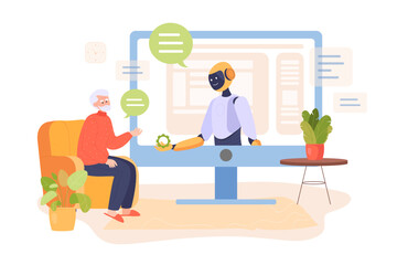 Aufkleber - Old man sitting in chair and talking to chatbot on monitor. Comic robot ir cyborg on huge screen giving gear to elderly person vector illustration. Senior life, technology, assistance concept