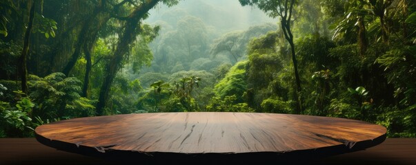 Wall Mural - Monsoon rainforest full of green nature with wooden scale table, panorama. Generative Ai.