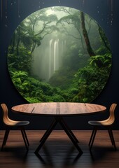 Wall Mural - Monsoon rainforest full of green nature with wooden scale table, panorama. Generative Ai.