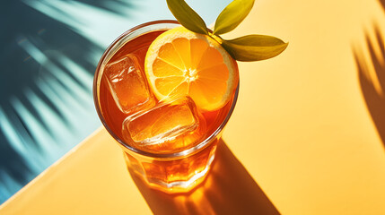 Wall Mural - summer cocktail with lemon and ice next to swimming pool and blue sky background.