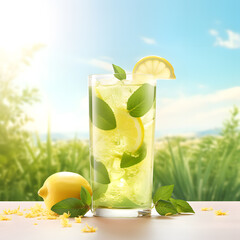 Wall Mural - Glass of lemonade with mint and lemons on a white table