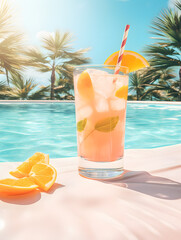 Wall Mural - summer cocktail with lemon and ice next to swimming pool and blue sky background.