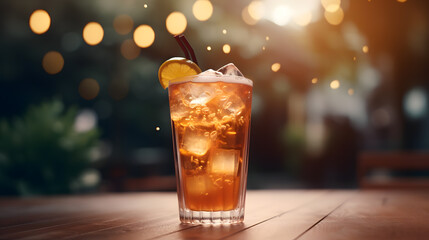 Wall Mural - Iced tea with ice cubes and apricots on wooden table