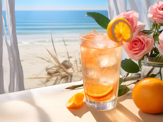 Wall Mural - Lemonade in a glass jar with a straw on a wooden table on the beach